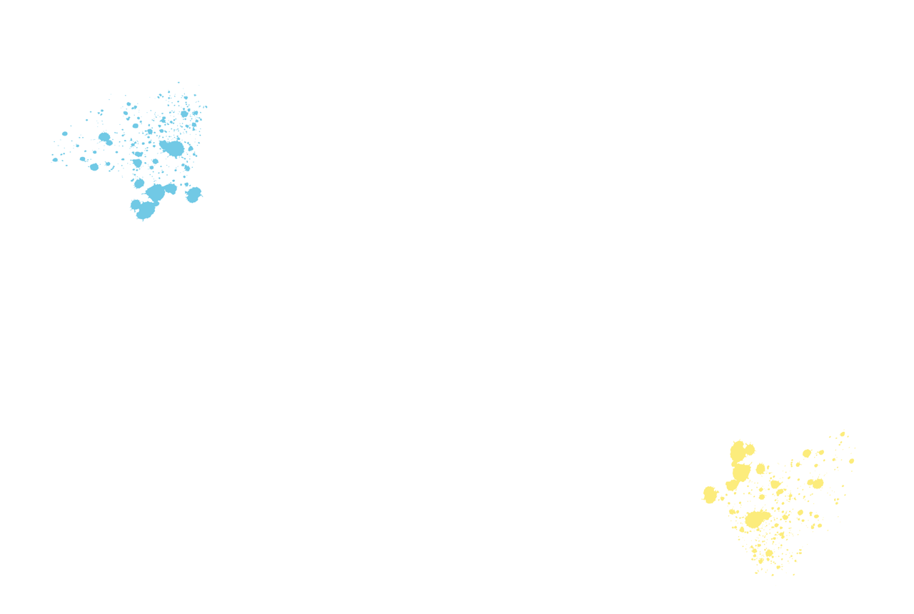 Hellblaue Farbspritzer oben links und gelbe Farbspritzer unten rechts auf weißem Hintergrund.