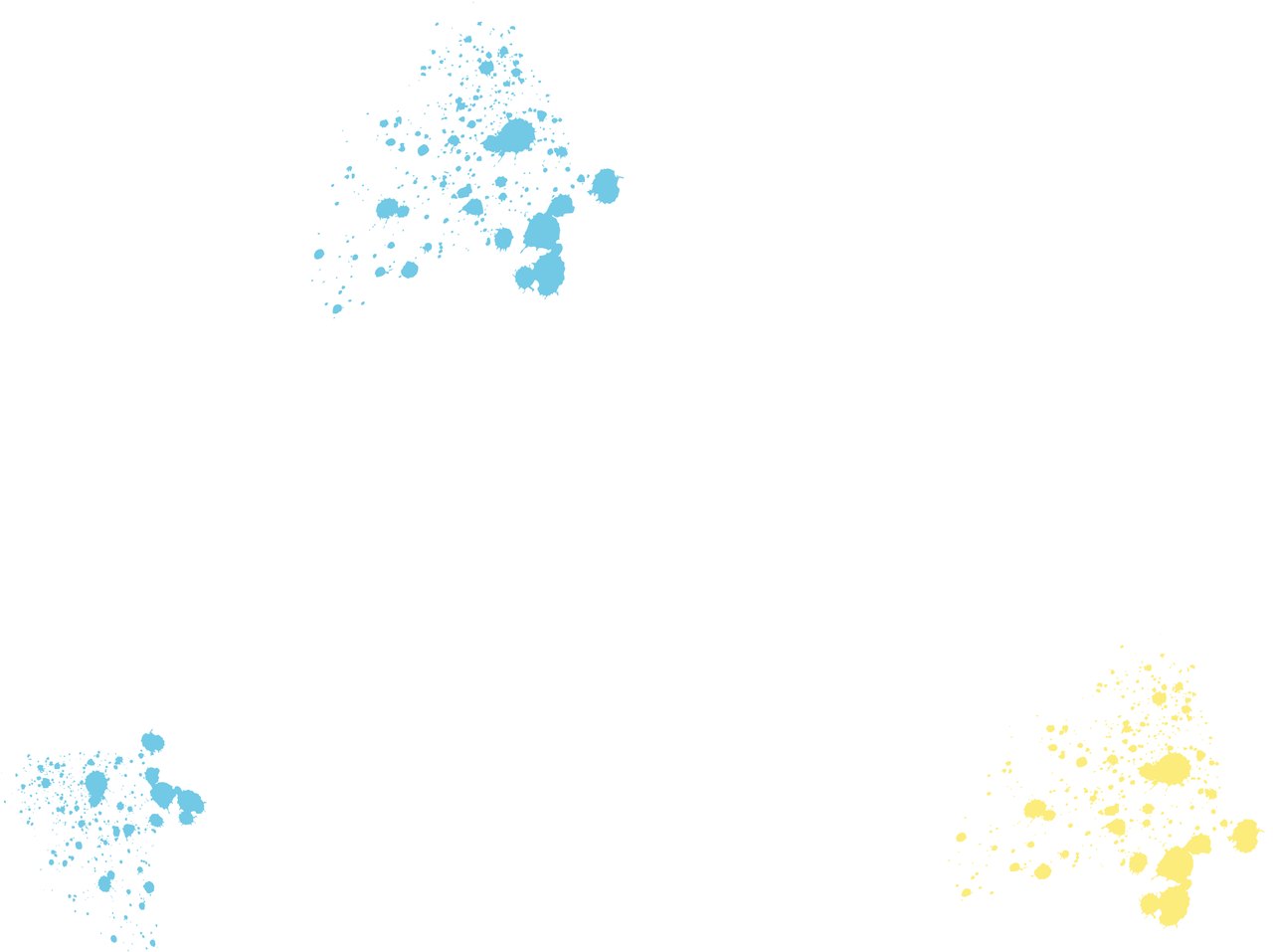 Hellblaue Farbspritzer oben links und gelbe Farbspritzer unten rechts auf weißem Hintergrund.